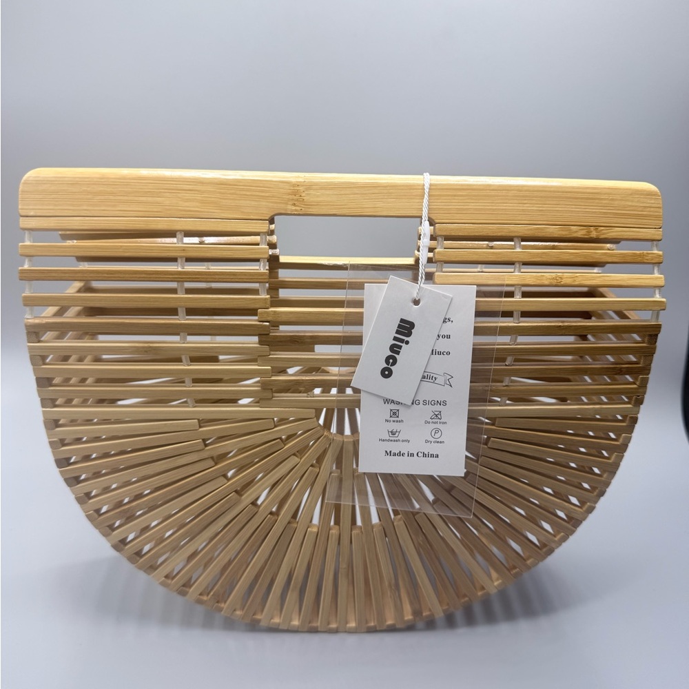 Miuco Bamboo Half Moon Top Handle Bag Wooden Structured Purse Boho Chic